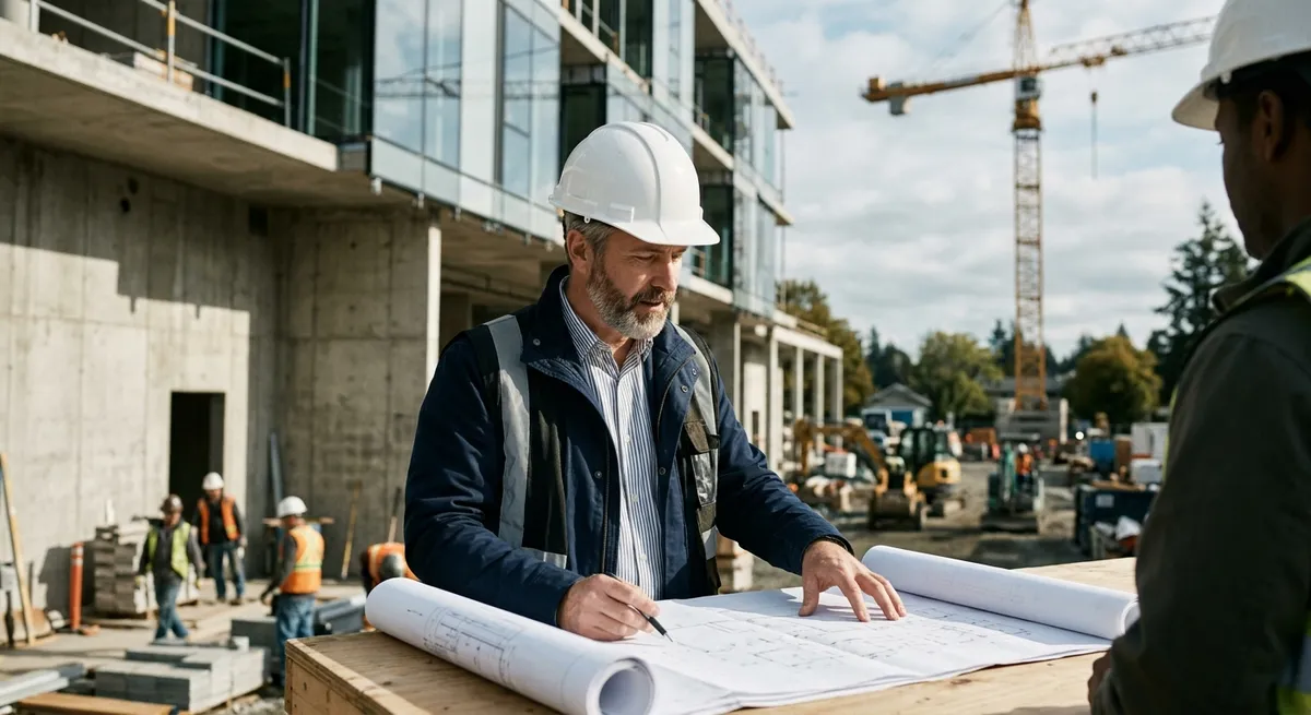 Architecte casqué consultant des plans sur un chantier